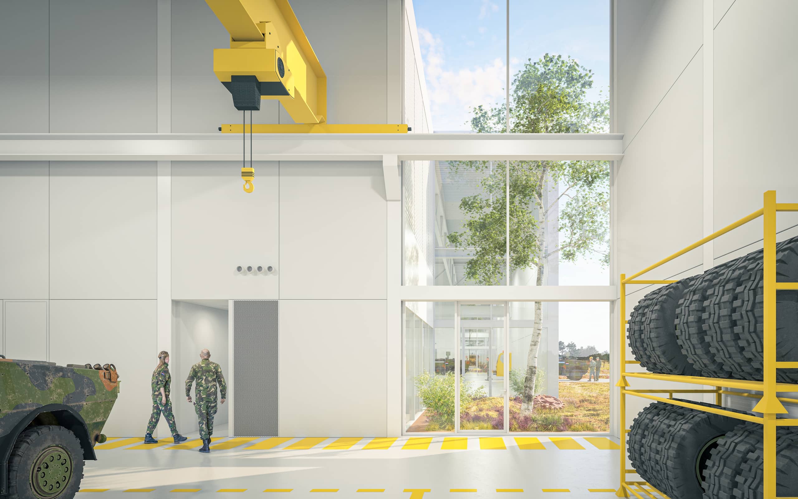 Digitale schets van de binnenkant van Technnology Center Land.