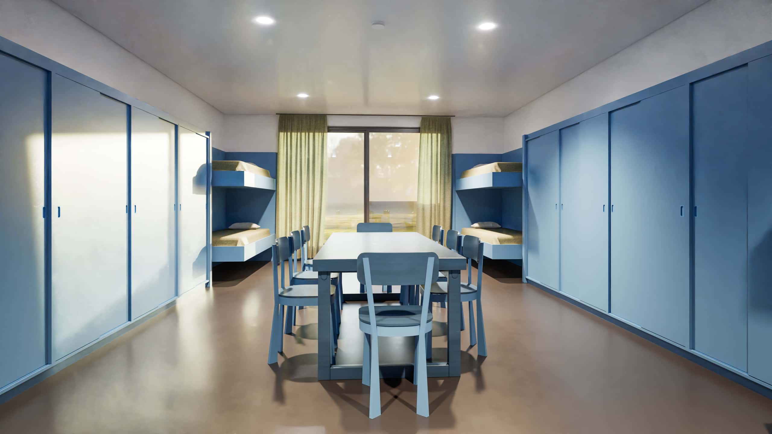 Impressie van een meerpersoonskamer in een legeringsgebouw van Defensie