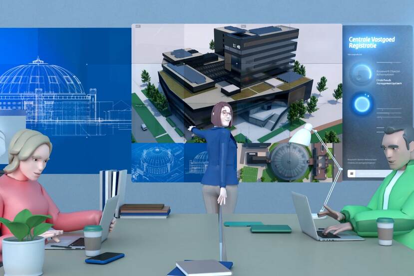 Jenny Ritskes (midden) in de animatie over gebouwinformatie bij het RVB