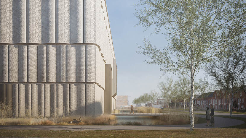 Impressie van het boekenmagazijn van de KB  op het bedrijventerrein Harnaschpolder, op de grens van de gemeente Delft en Midden-Delfland